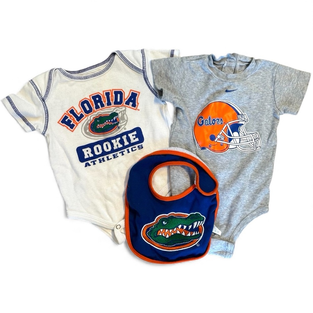 Bundle of 2 Florida Gators Baby Onesie Outfits 6-9 Months and Embroidered Bib